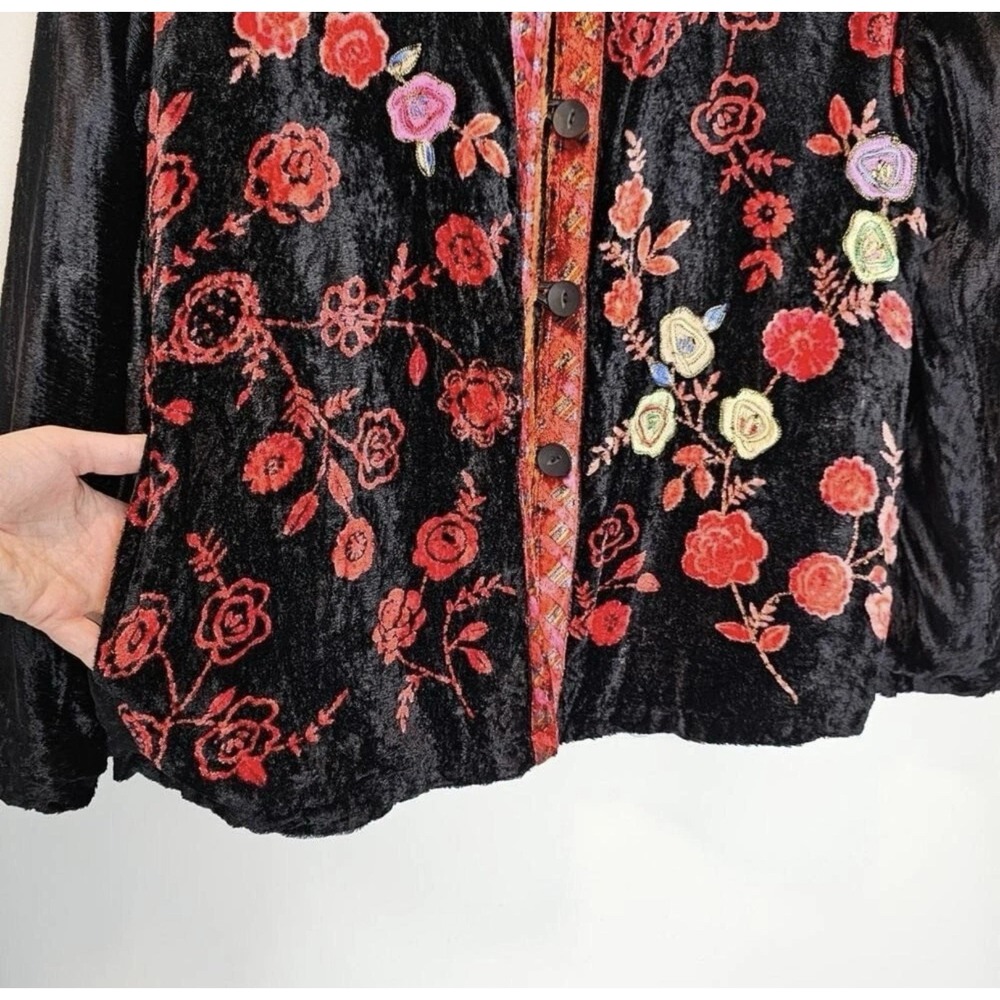 Women's Black Crushed Velvet Velour Embroidered Beaded Floral Boho Shacket Large - Picture 12 of 13